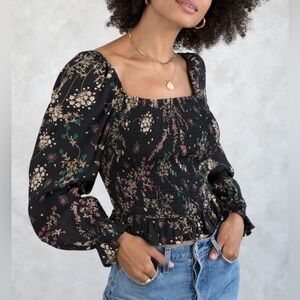 NWT Lovestitch Foolish Hearts Black Floral Smocked Top, Size Large, Cottagecore